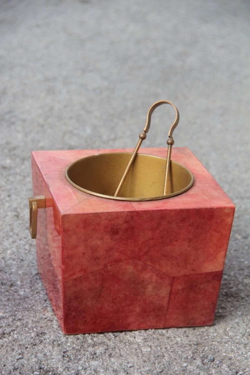 Set Aldo Tura Box Pitcher Red Color Brass And Goatskin Mid Century Modern 1950s photo for sale