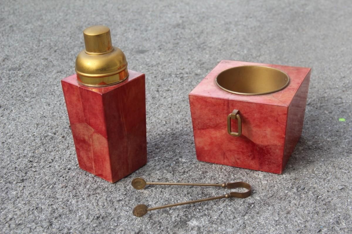 Set Aldo Tura Box Pitcher Red Color Brass And Goatskin Mid Century Modern 1950s photo 720.0
