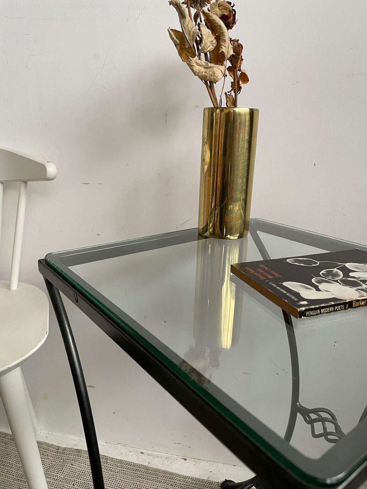 Industrial Wrought Iron Tall Side Table With Glass Top And Curved Legs photo 155.0