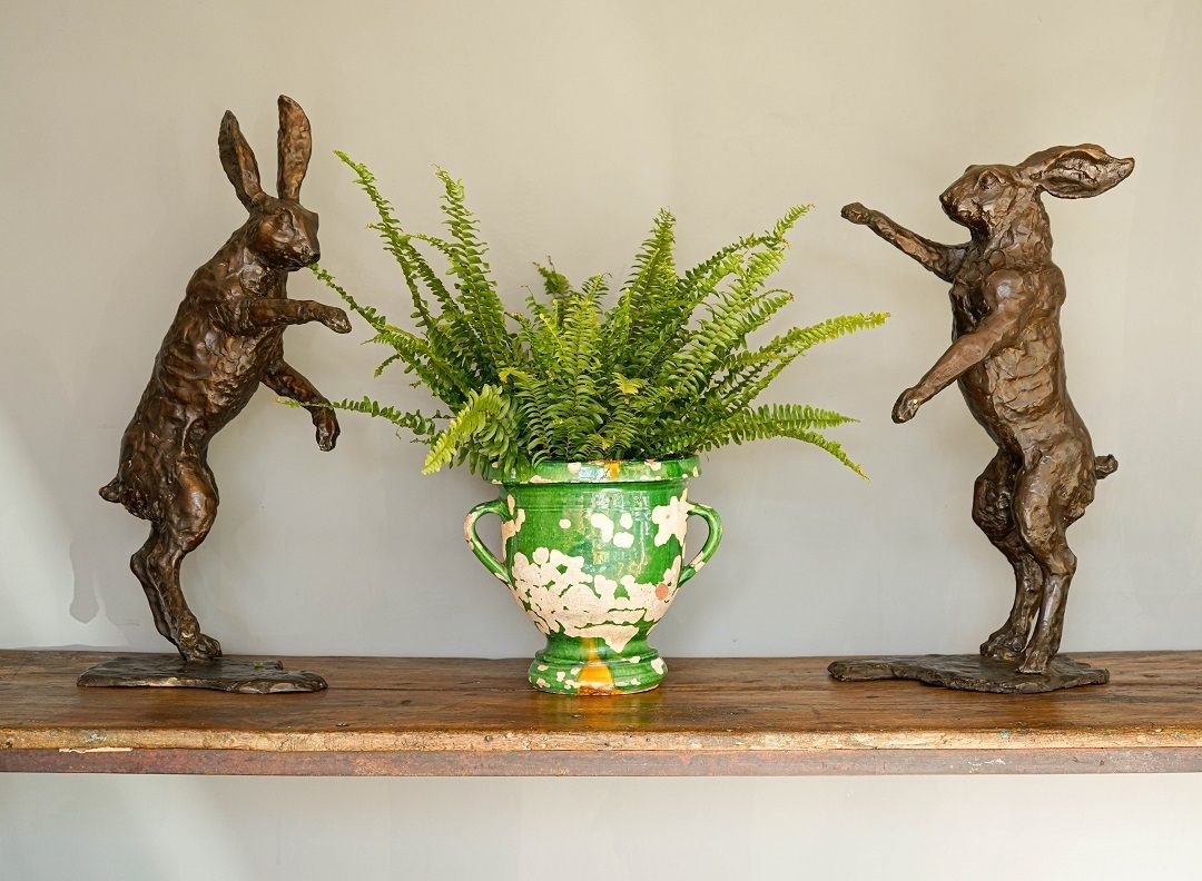 Pair Of Sculptured Boxing Hares In Bronze photo Garden Decor