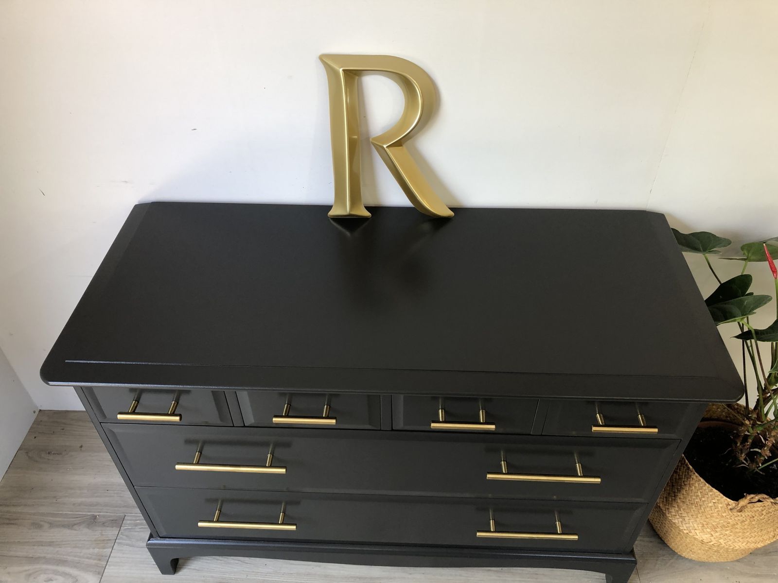 Stag Minstrel Chest Of Drawers Painted Black Gold Pulls photo for sale