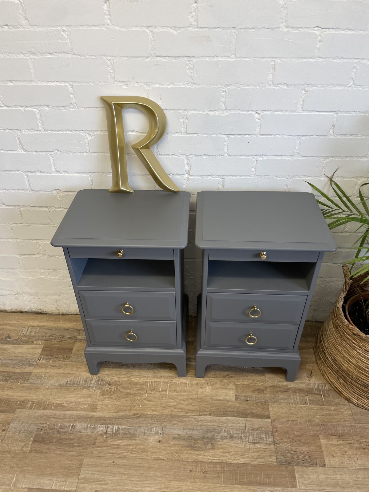 Furniture Stag Minstrel Tallboy And Pair Of Narrow Bedsides Painted Grey photo
