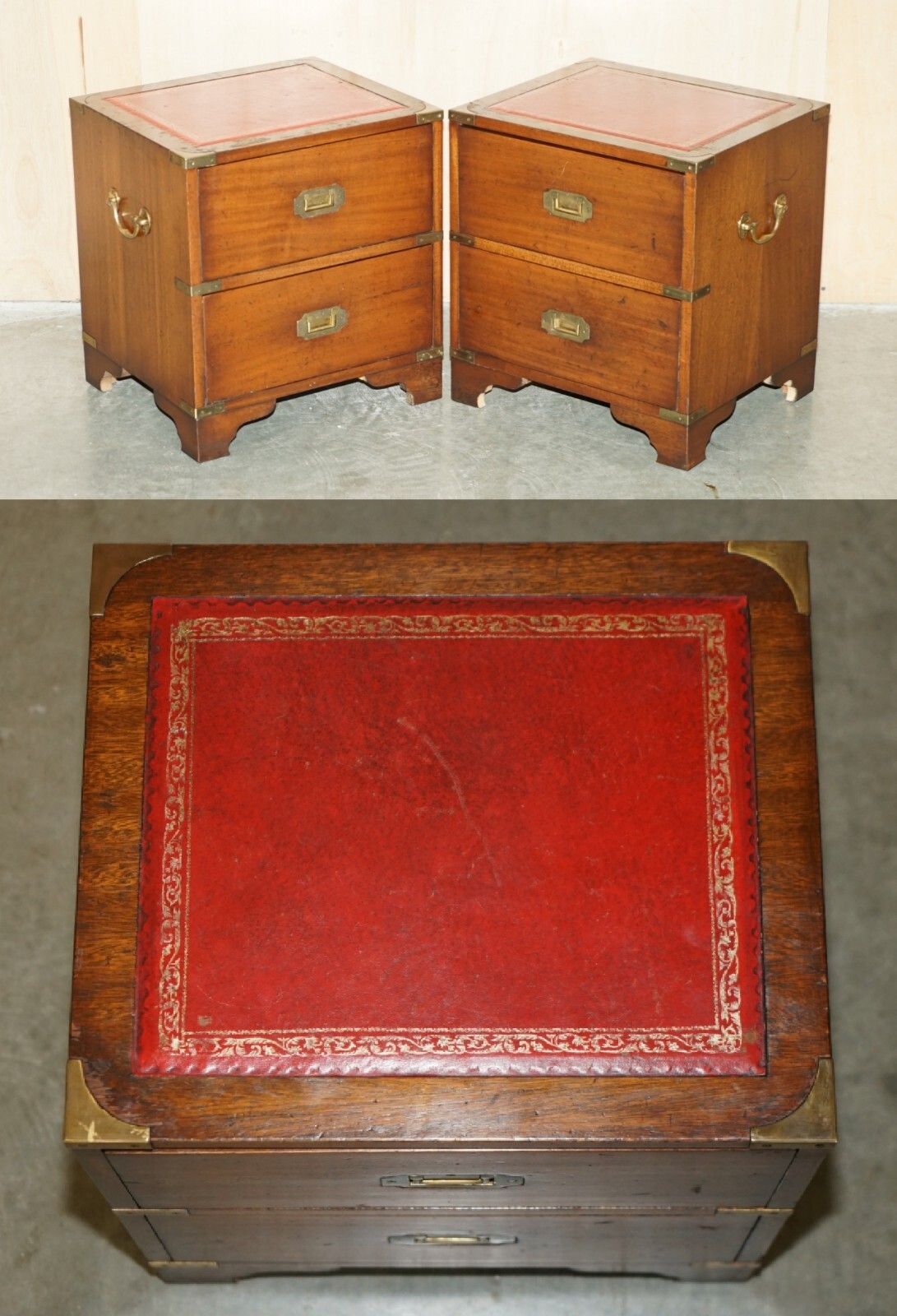 Pair Of Harrods Kennedy Military Campaign Side End Table Drawers Oxblood Leather