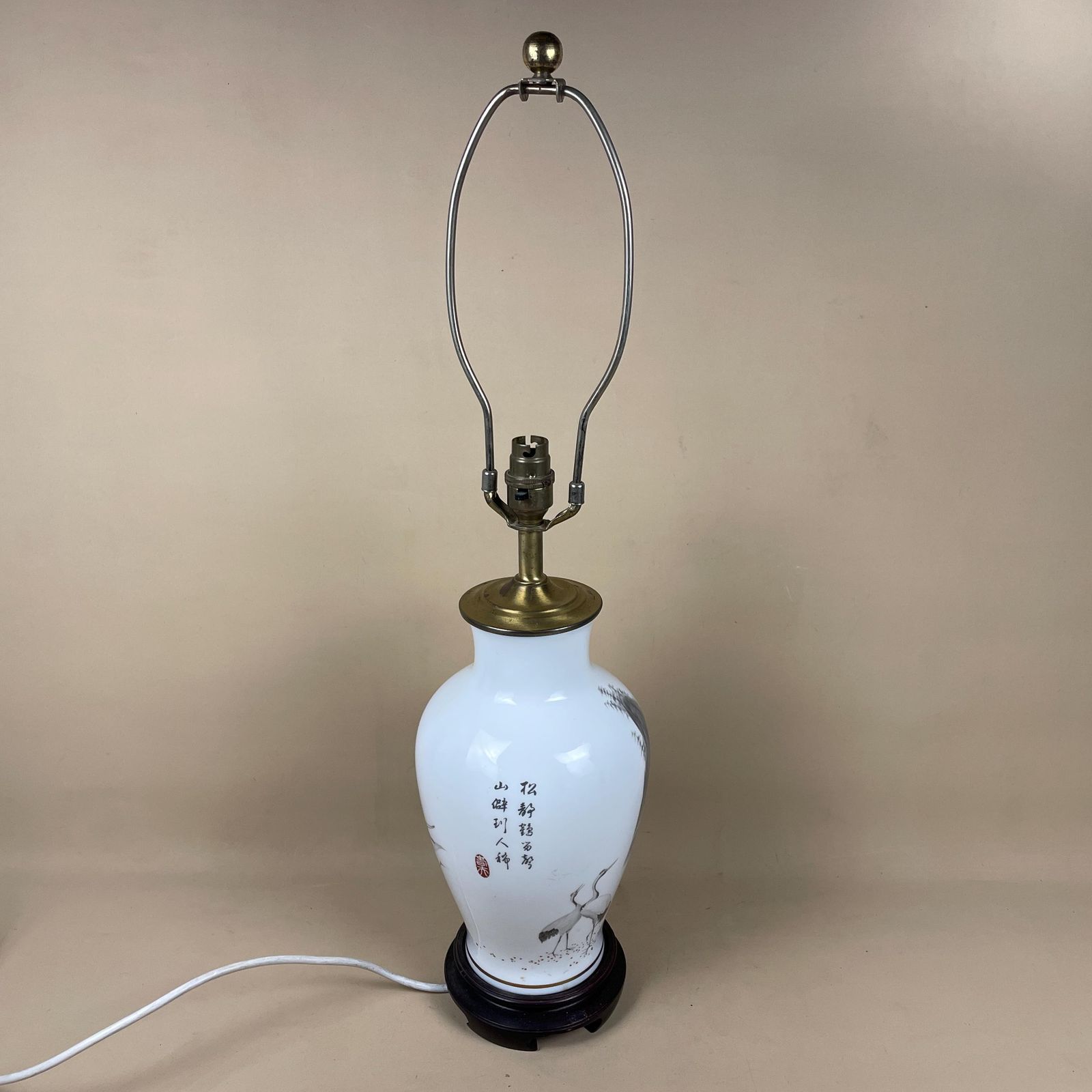Vintage Ceramic Lamp Light Bedside Table Hand Painted Bird Design White Wood Base Oriental Chinese Vase Cottage Antique Brass Symbols Birds photo buy