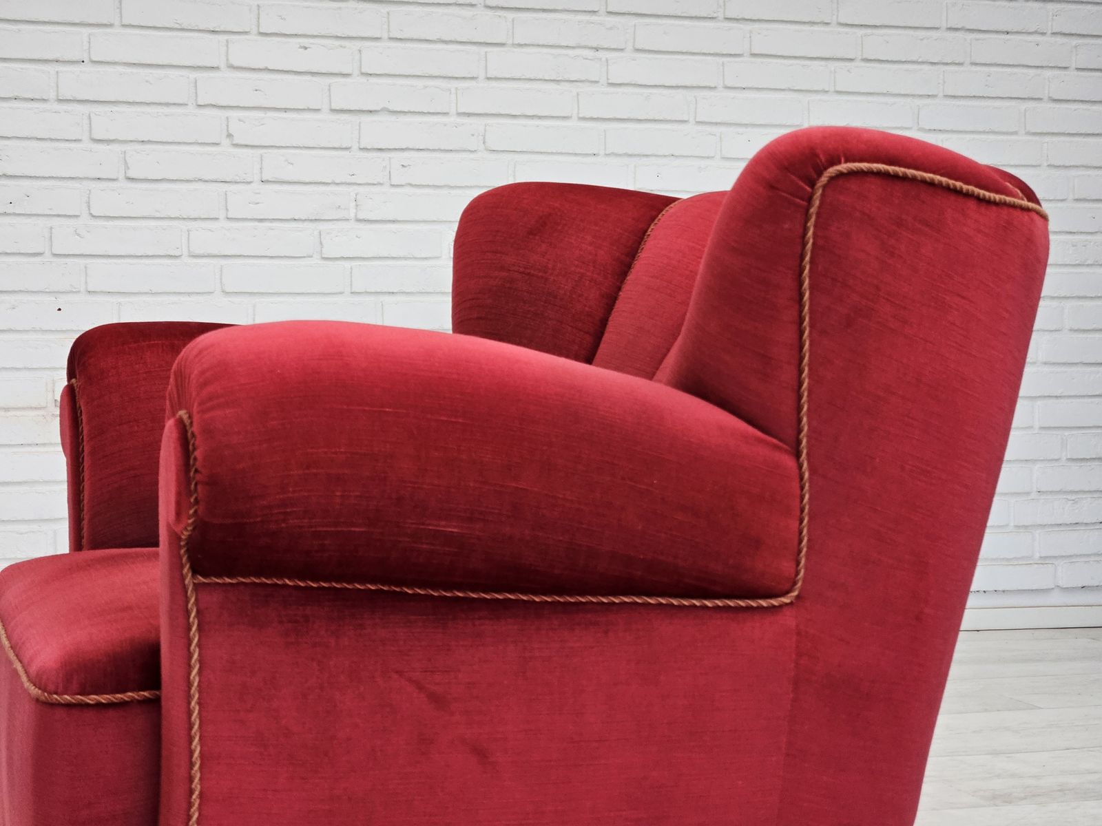 photo furniture 1960s, Danish Relax Armchair, Original Condition, Cherry Red Furniture Velour.