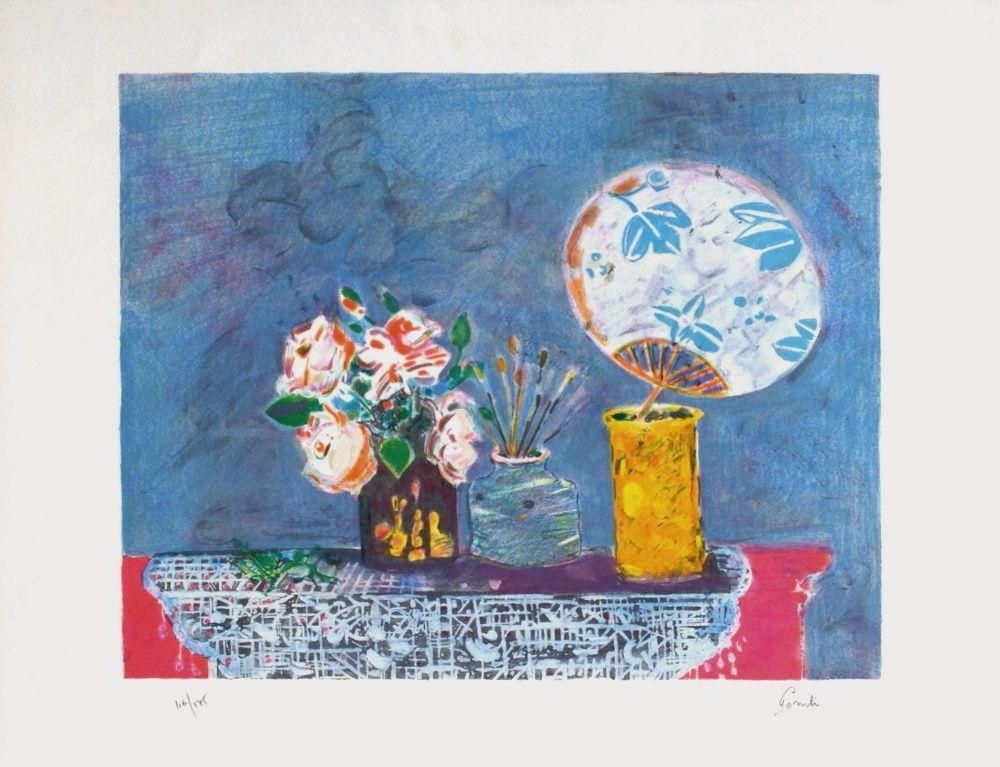 1990 Gilles Gorriti Still Life With Japanese Fan Lithograph photo furniture