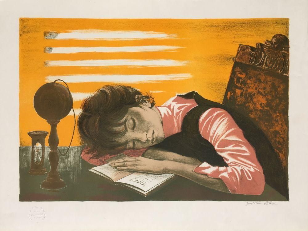 1990s Jean Pierre Alaux Sleepy Girl Lithograph photo furniture
