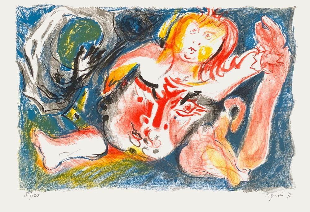 1970s "Man With Child" Lithograph By Edouard Pignon