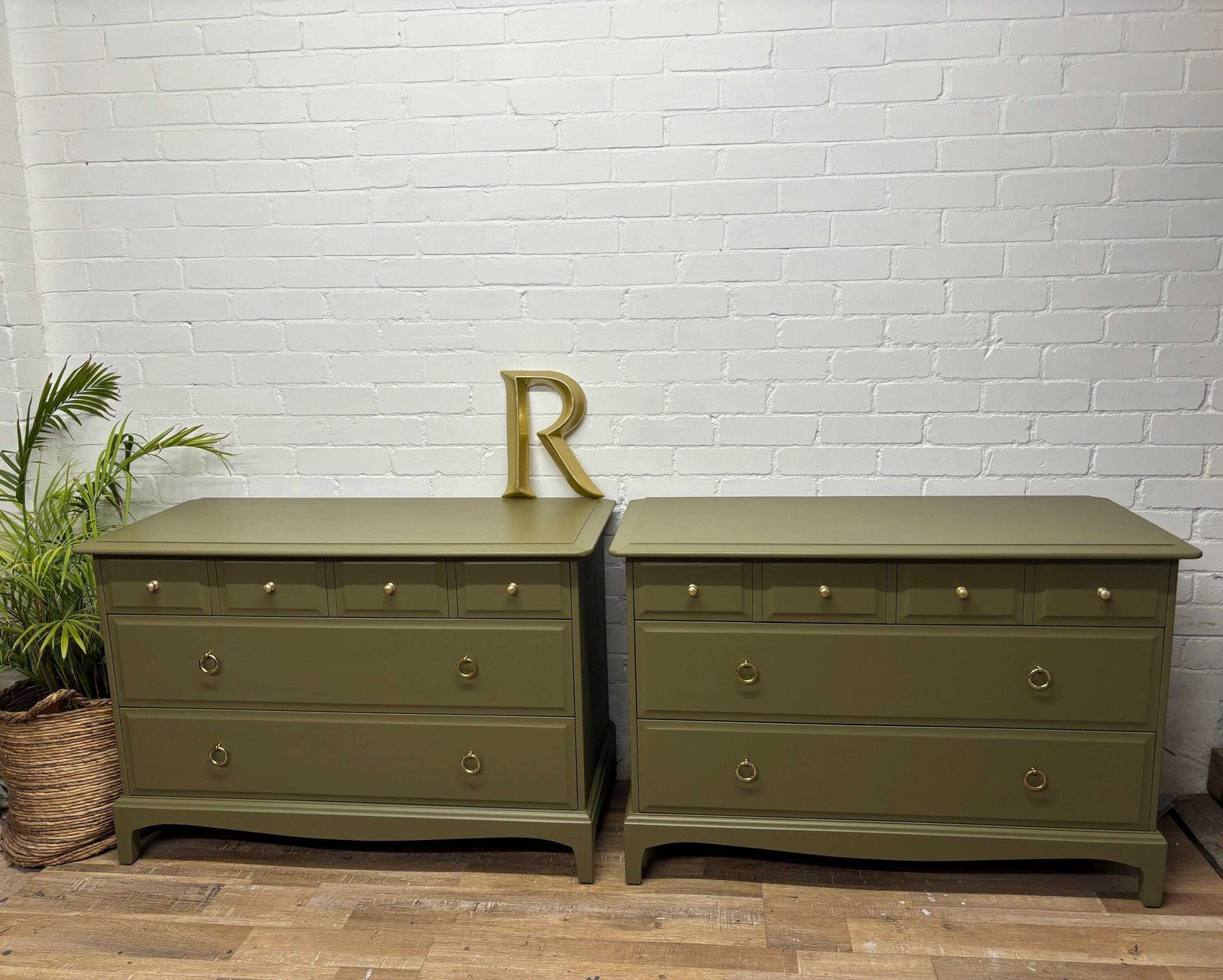 Stag Minstrel Pair Of 4 Over 2 Chest Of Drawers Painted Sage Green photo Furniture