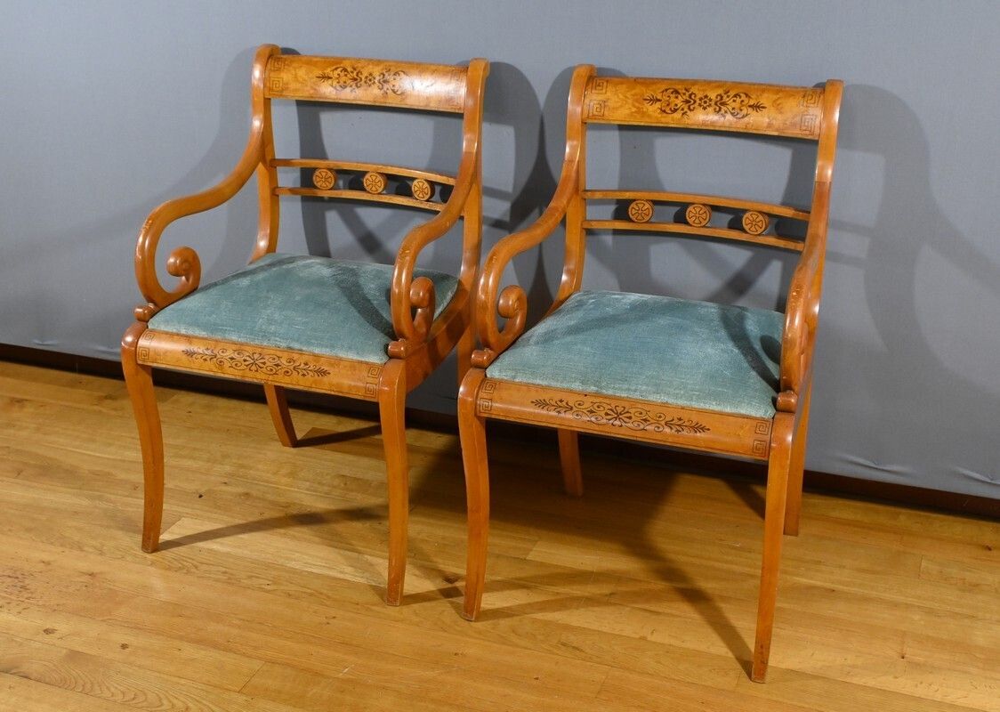 Pair Of Charles X Style Speckled Maple Armchairs – Mid 20th Century photo for sale