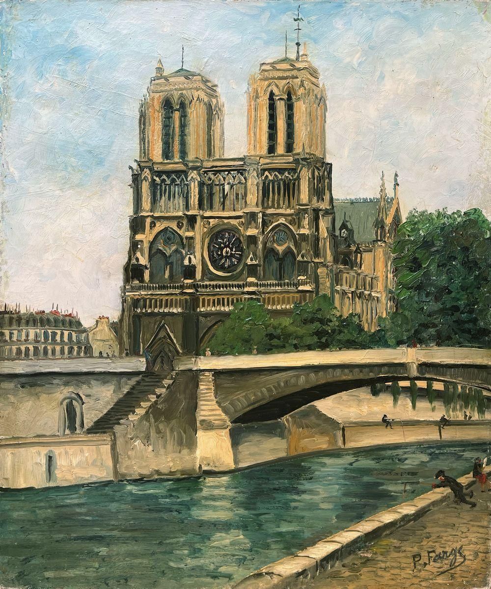 1930s Pierre Farge Notre Dame De Paris Et Le Pont Au Double Oil On Canvas photo for sale