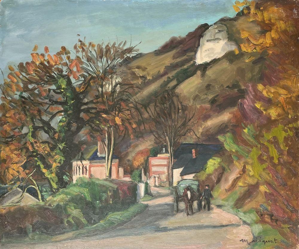 1930s Marcel Niquet Autumn In Amfreville Sous Les Monts Oil On. Wood photo for sale