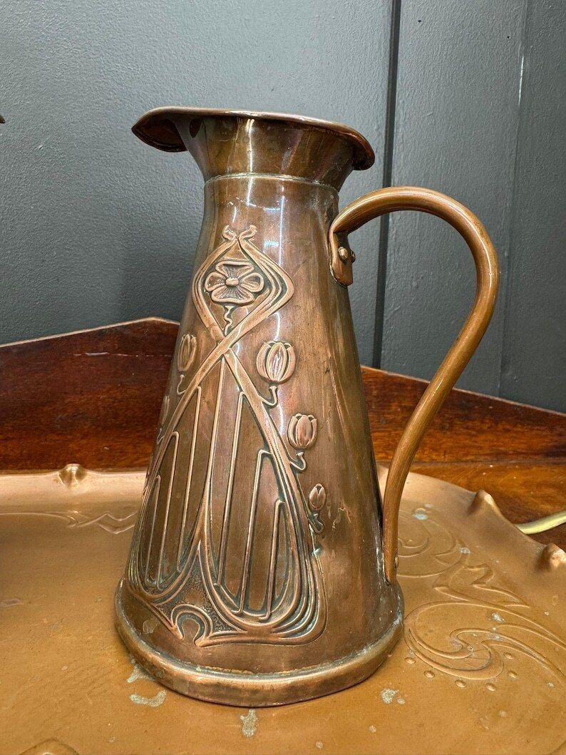 Antique Joseph Sankey Brass Jugs & Tray / Art Nouveau Pair Of Pitchers Vases photo furniture