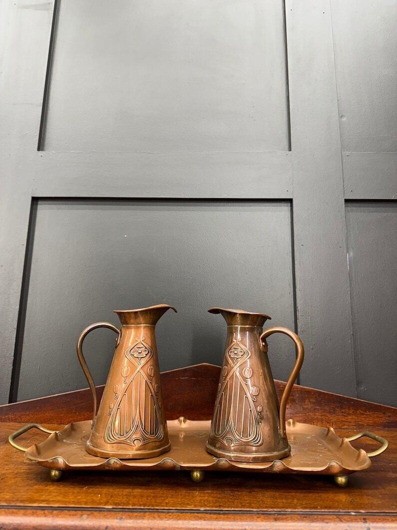Antique Joseph Sankey Brass Jugs & Tray / Art Nouveau Pair Of Pitchers Vases photo Home Decor