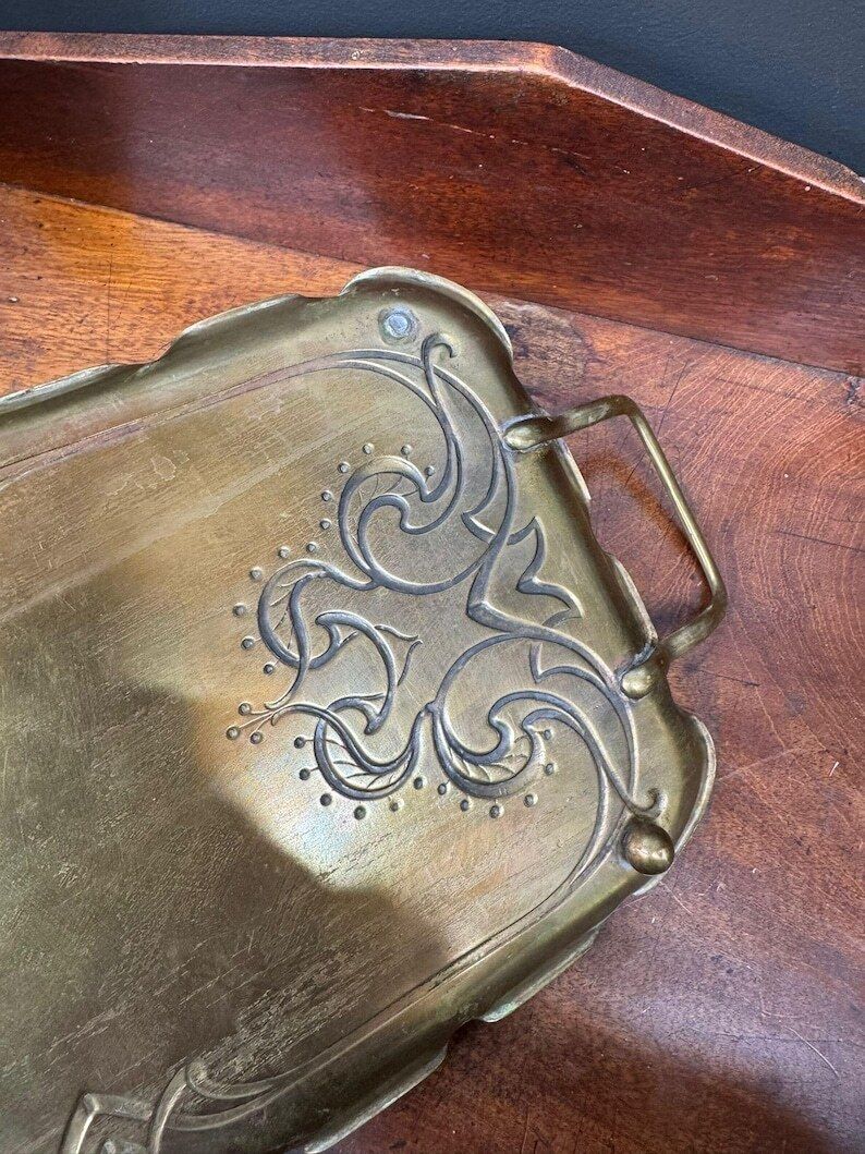 Antique Joseph Sankey Brass Jugs & Tray / Art Nouveau Pair Of Pitchers Vases photo 175.0