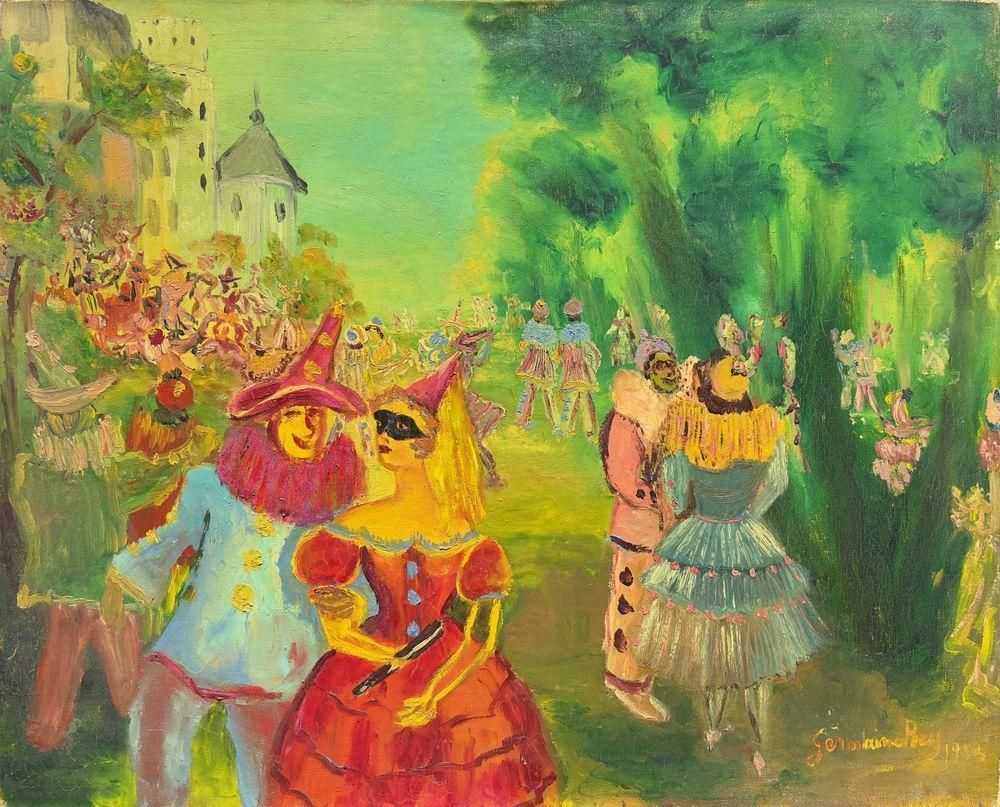 1958 Germaine Rey Masked Bal Oil On Canvas photo for sale