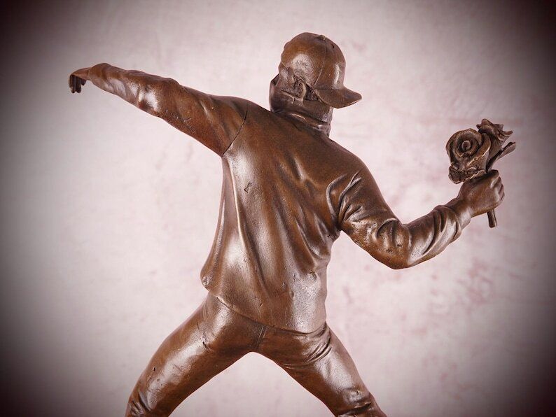 Bronze Banksy Flower Thrower Sculpture: Contemporary Street Art Masterpiece For Modern Home Decor photo 349.0