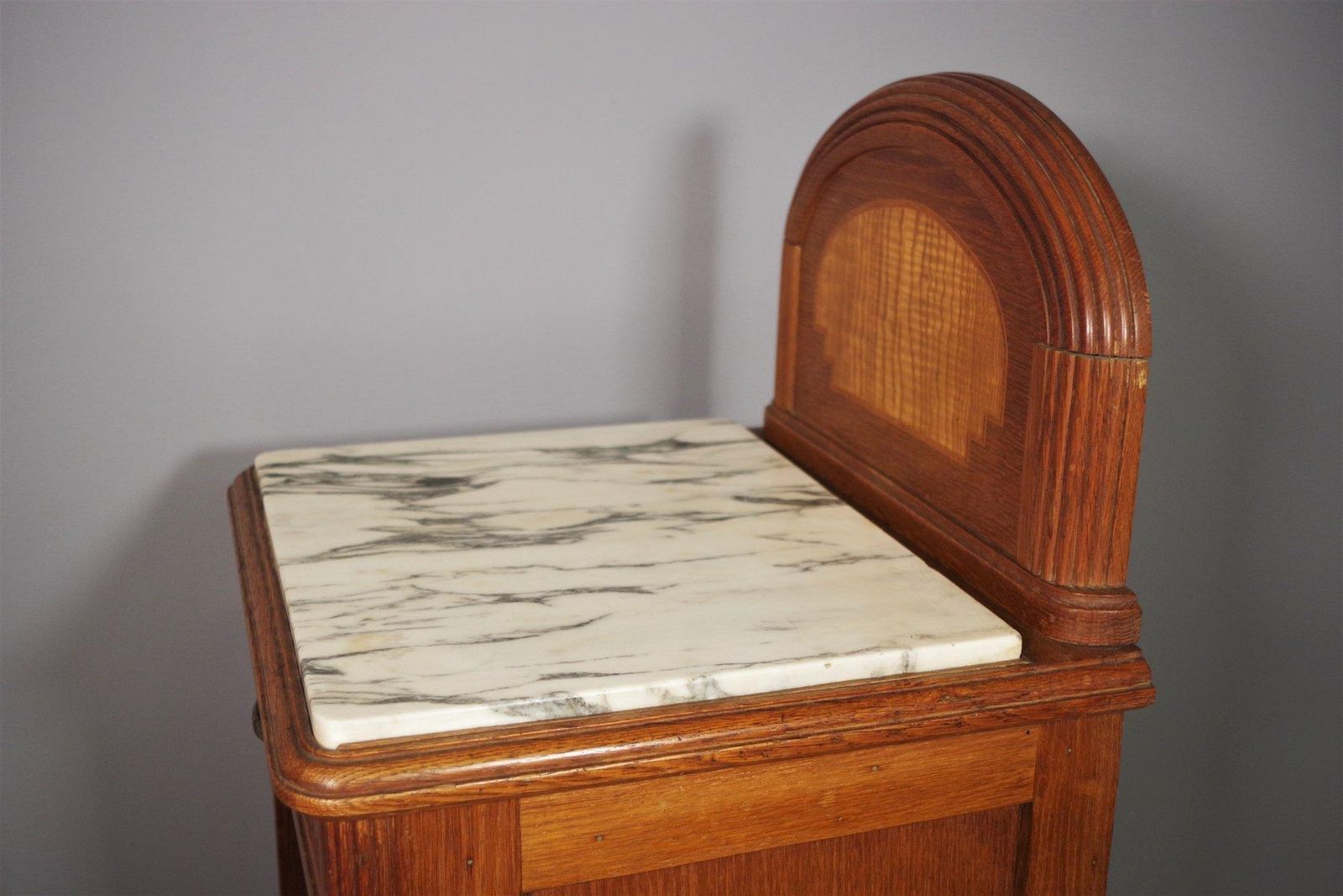 382.0 Vintage 1940s 50s Cherry & Beech Wood Nightstand With Marble Top – Italian Mid C photo