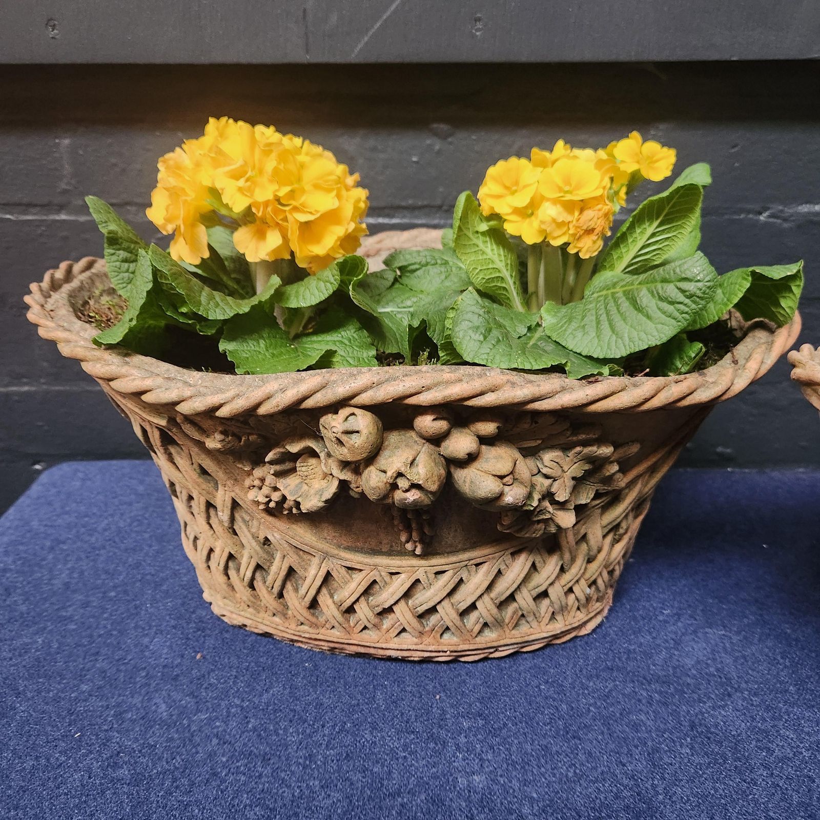 Pair Ornate Weathered Terracotta Basket Weave Style Planters photo furniture