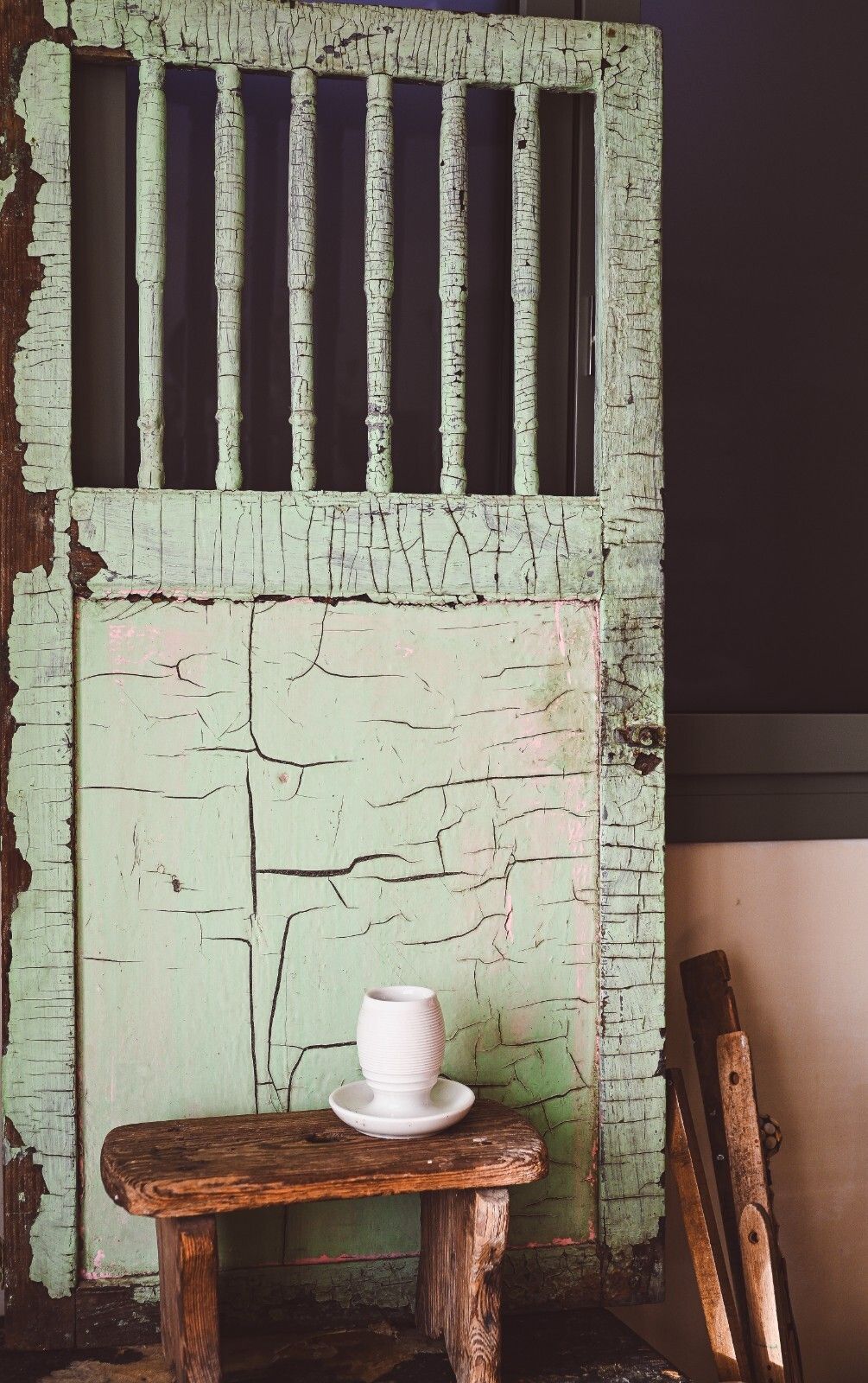 Antique French Solid Wood Door With Green Patina