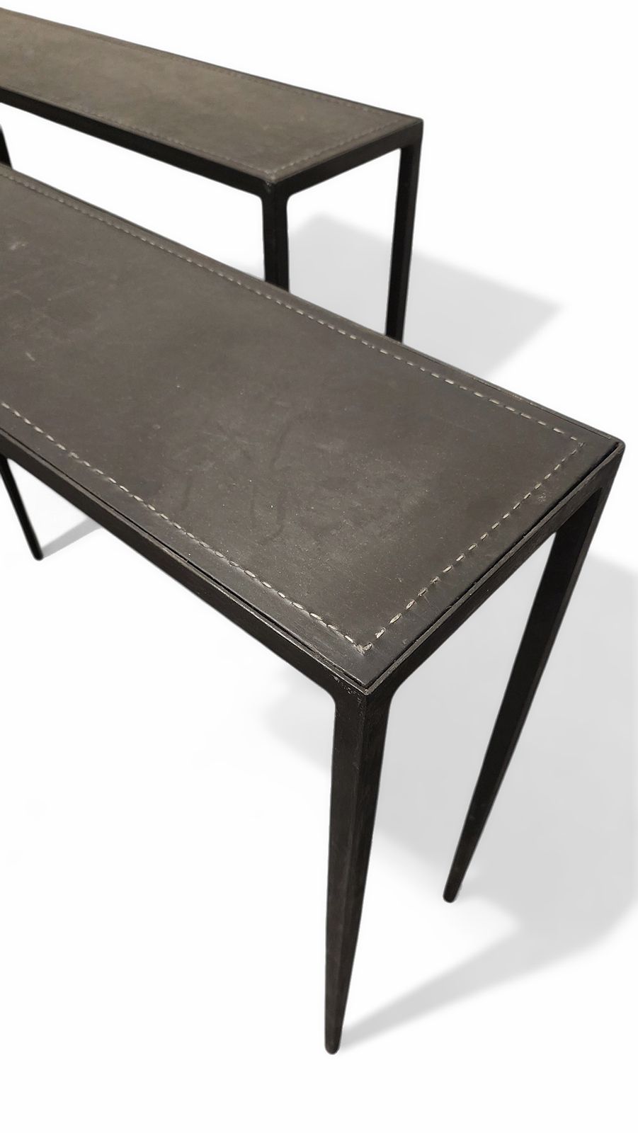 Pair Of Early 20th Century Art Déco Jean Michel Frank Style Dark Iron Rectangular Consoles With Leather Surface By Comte S.A., Argentina photo for sale