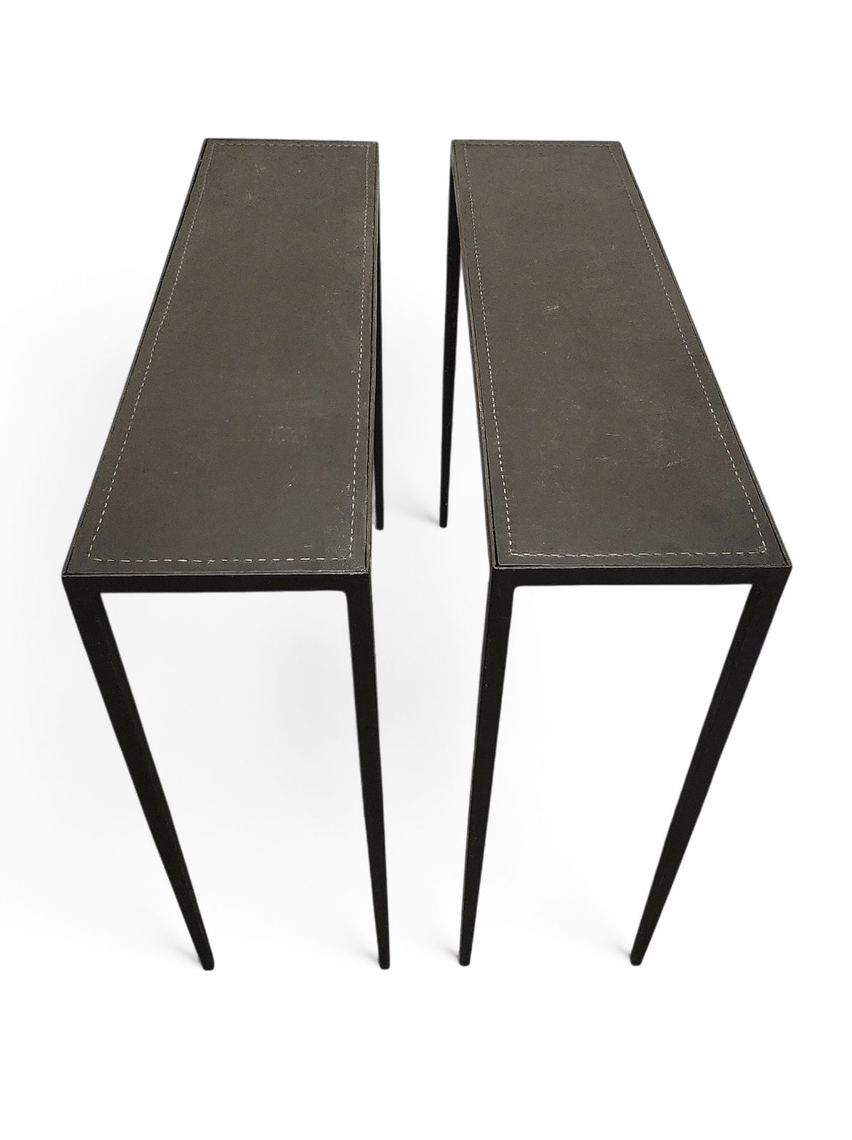 Pair Of Early 20th Century Art Déco Jean Michel Frank Style Dark Iron Rectangular Consoles With Leather Surface By Comte S.A., Argentina photo vinterior