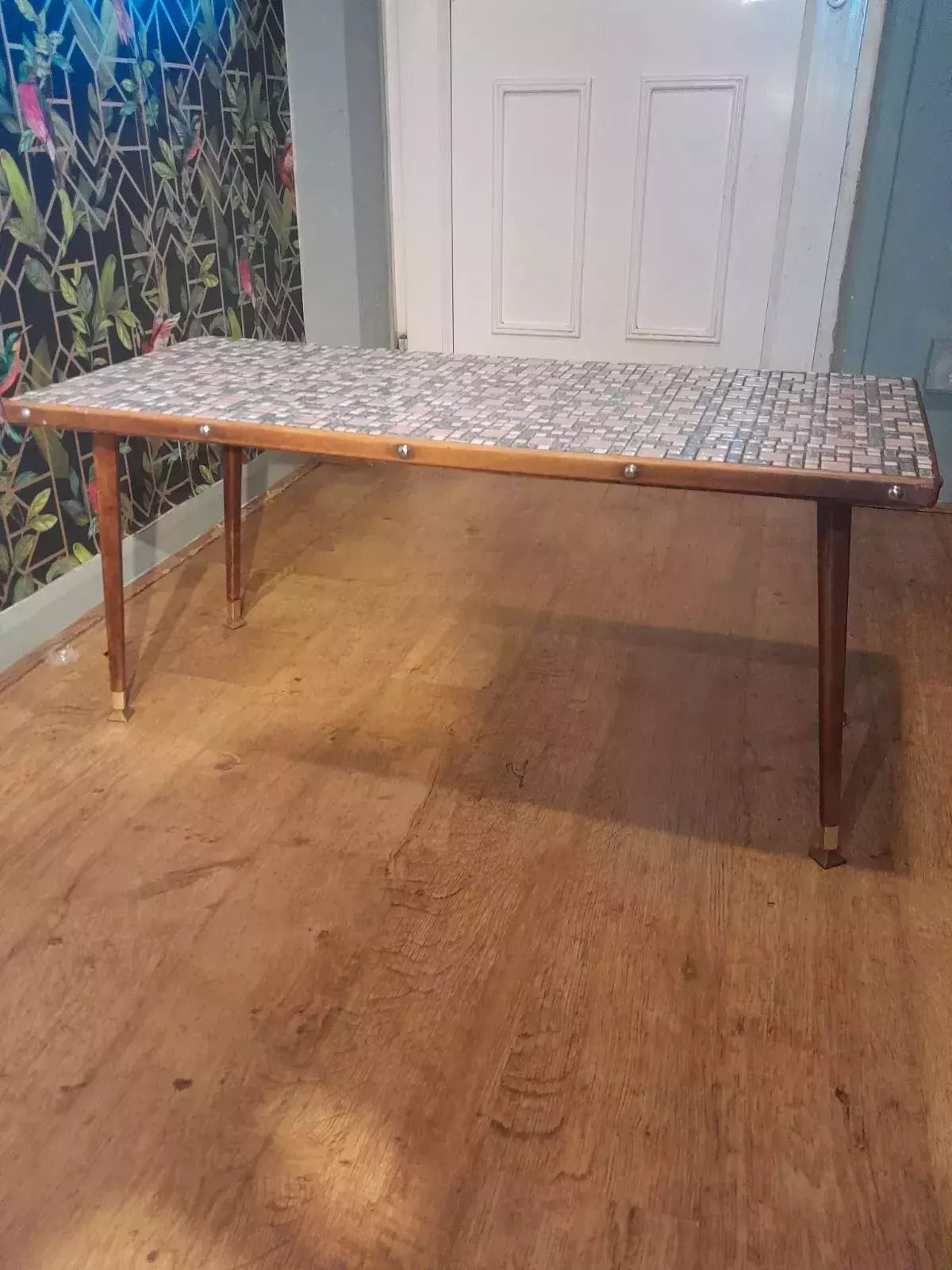 Mid Century Modern 1950s Teak Coffee Table With Tile Top And Brass Feet photo for sale