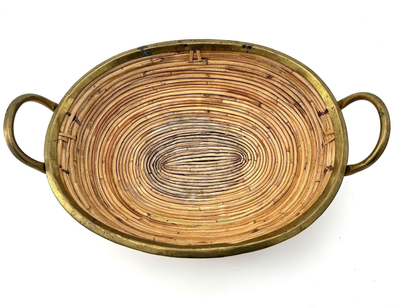 An Italian 1970s Gabriella Crespi Style Woven Bamboo And Brass Two Handled Basket