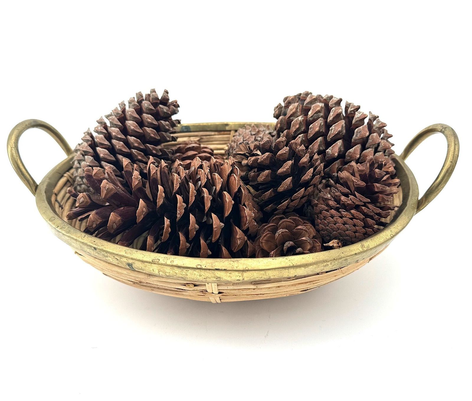 An Italian 1970s Gabriella Crespi Style Woven Bamboo And Brass Two Handled Basket photo for sale