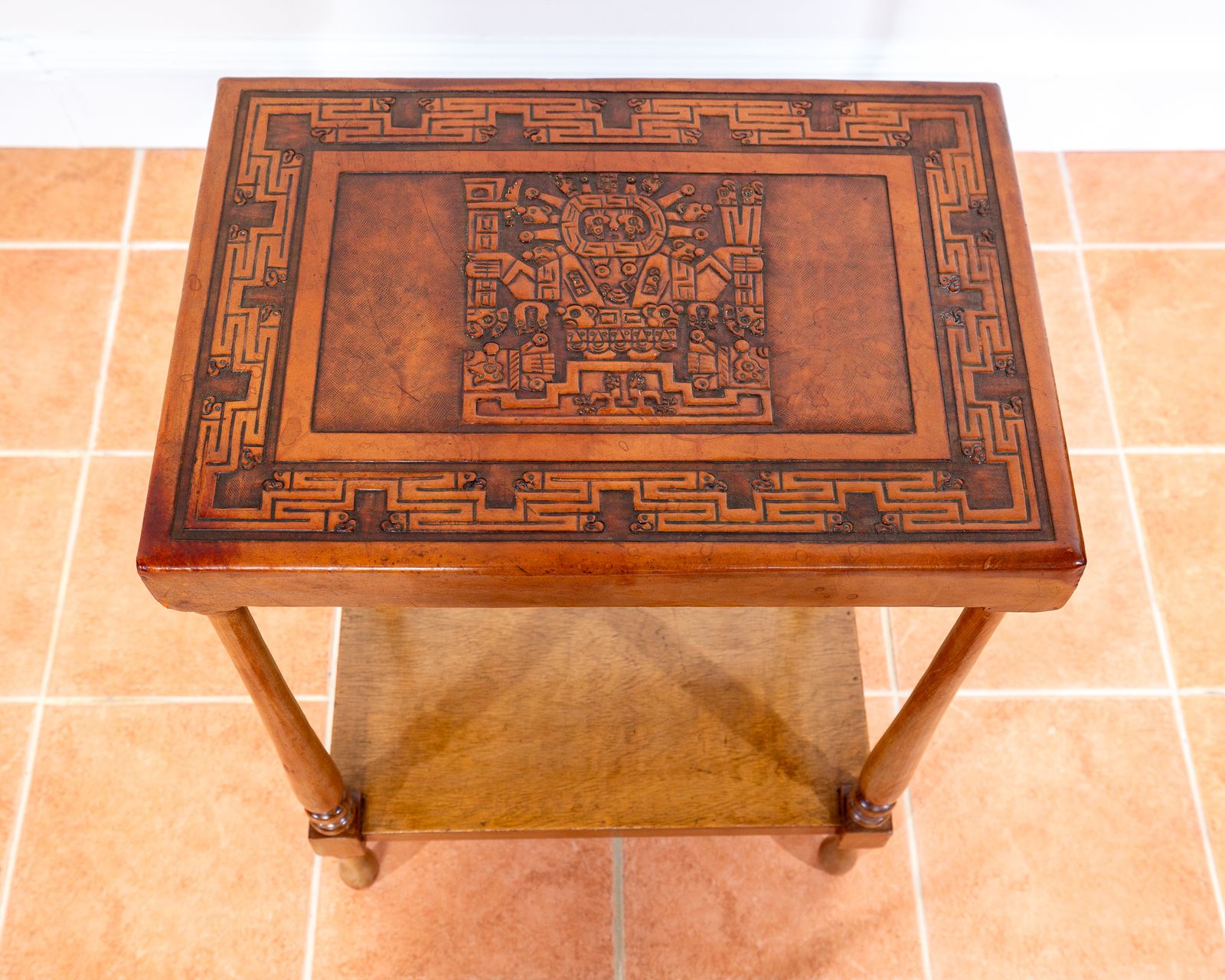Embossed Leather End Side Table Peruvian 1960s Mid Century Geometric Tooled Leather Viracocha Peru Leather Mexican Aztec Mcm photo Furniture