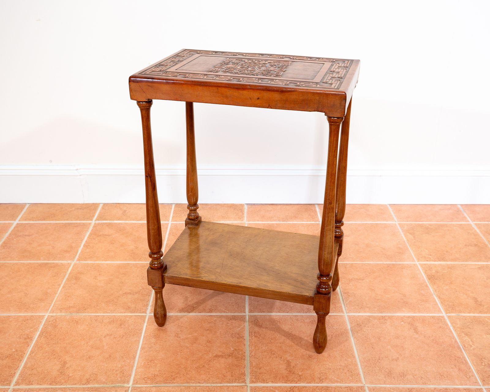 Embossed Leather End Side Table Peruvian 1960s Mid Century Geometric Tooled Leather Viracocha Peru Leather Mexican Aztec Mcm photo buy