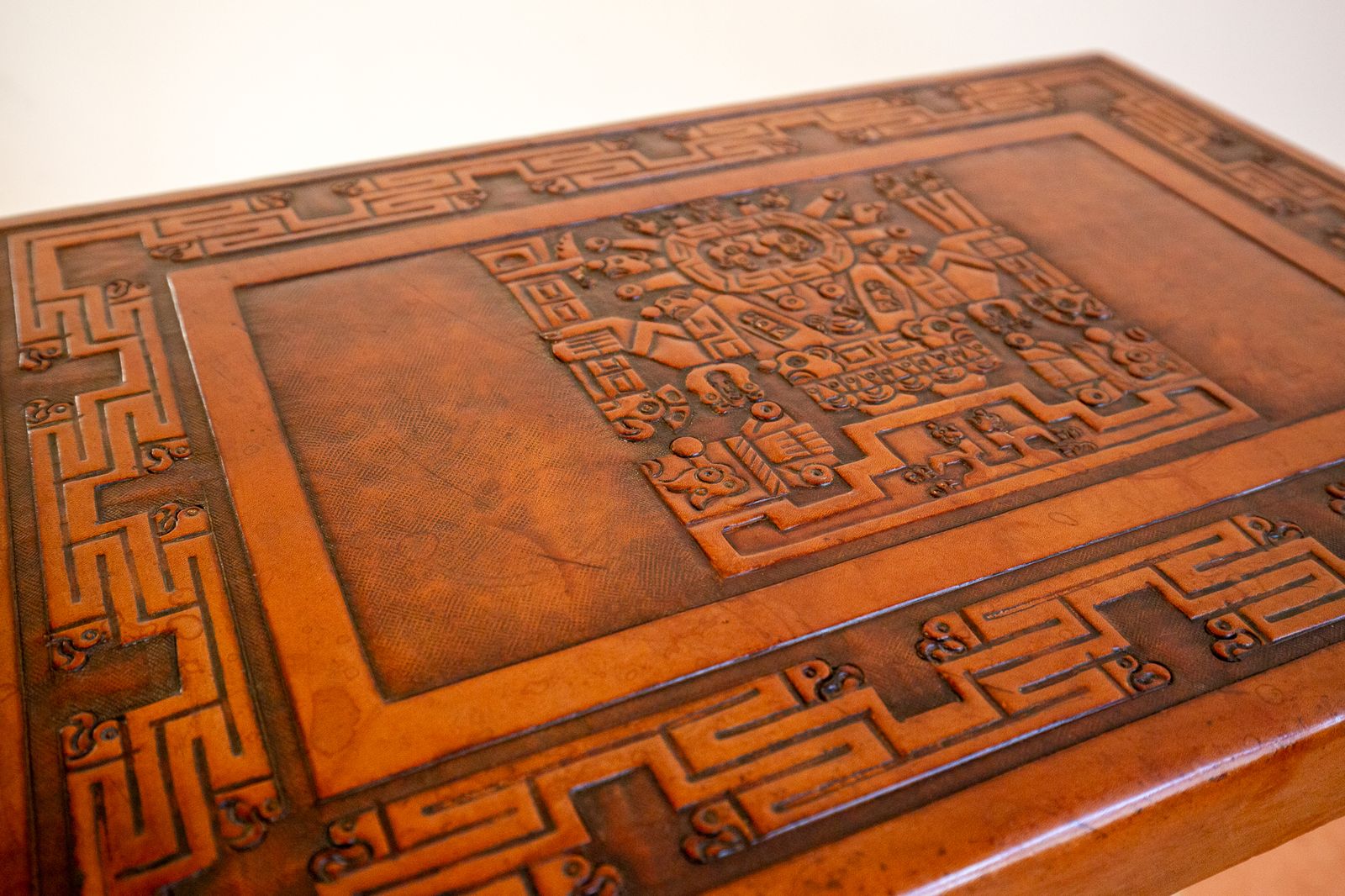 Embossed Leather End Side Table Peruvian 1960s Mid Century Geometric Tooled Leather Viracocha Peru Leather Mexican Aztec Mcm photo vintage