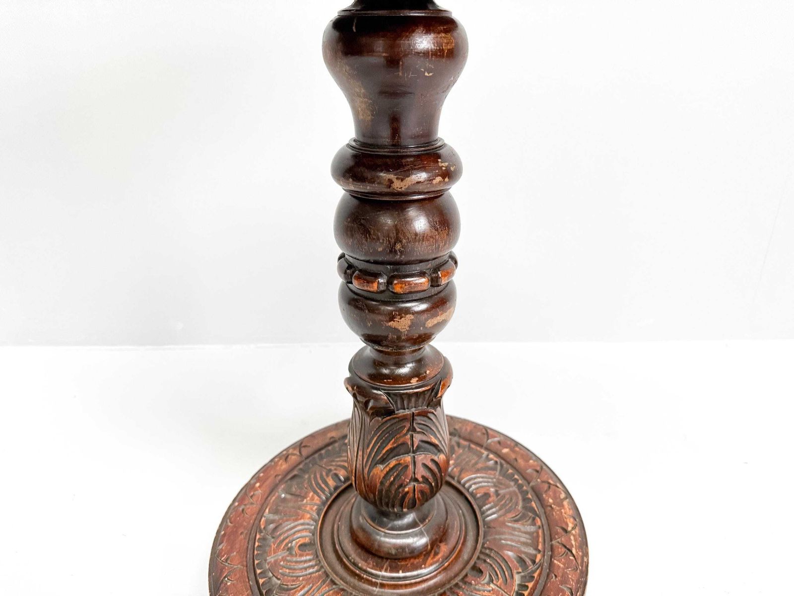 Vintage Wooden Pedestal Side Table | Plant Stand With Carved Decor photo for sale