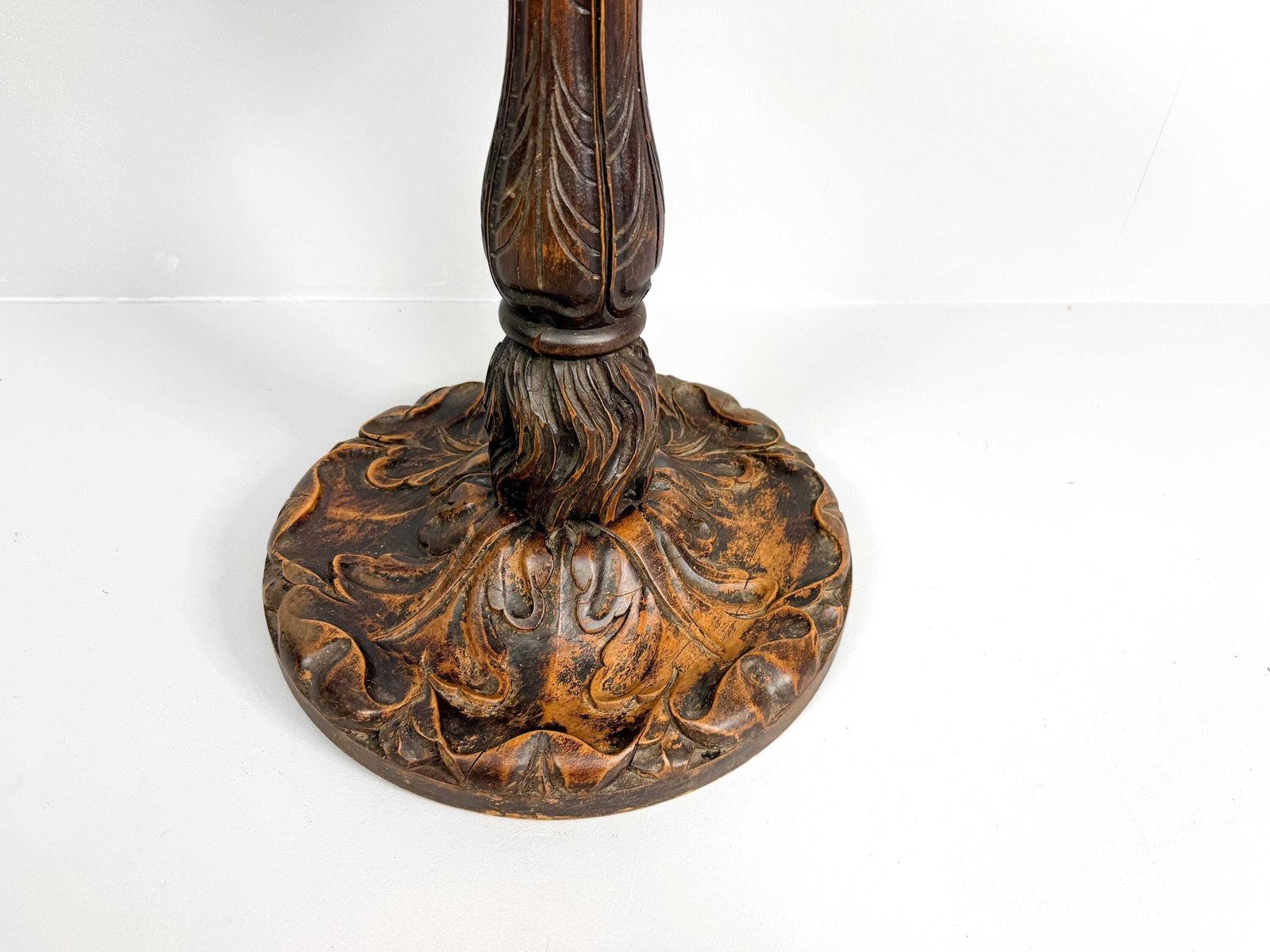 Antique Wooden Plant Stand With Carved Decor, Wooden Pedestal photo for sale
