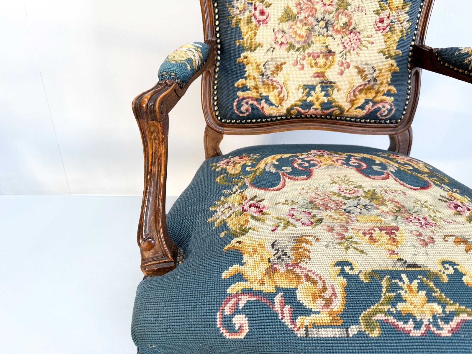 Vintage Louis XV Style Carved Walnut Chair With Needlepoint Upholstery photo vintage