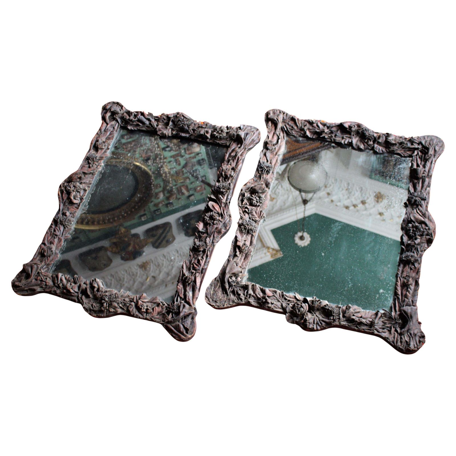 19th Century Pair Of French Chateau Leather Appliqué Floral Mercury Wall Mirrors