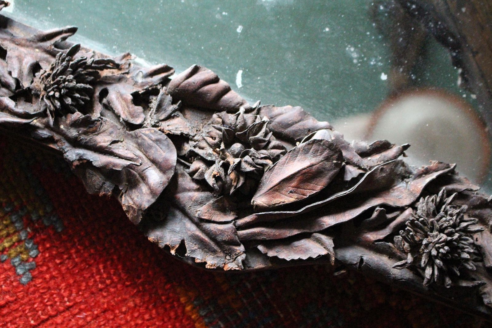 19th Century Pair Of French Chateau Leather Appliqué Floral Mercury Wall Mirrors photo vinterior