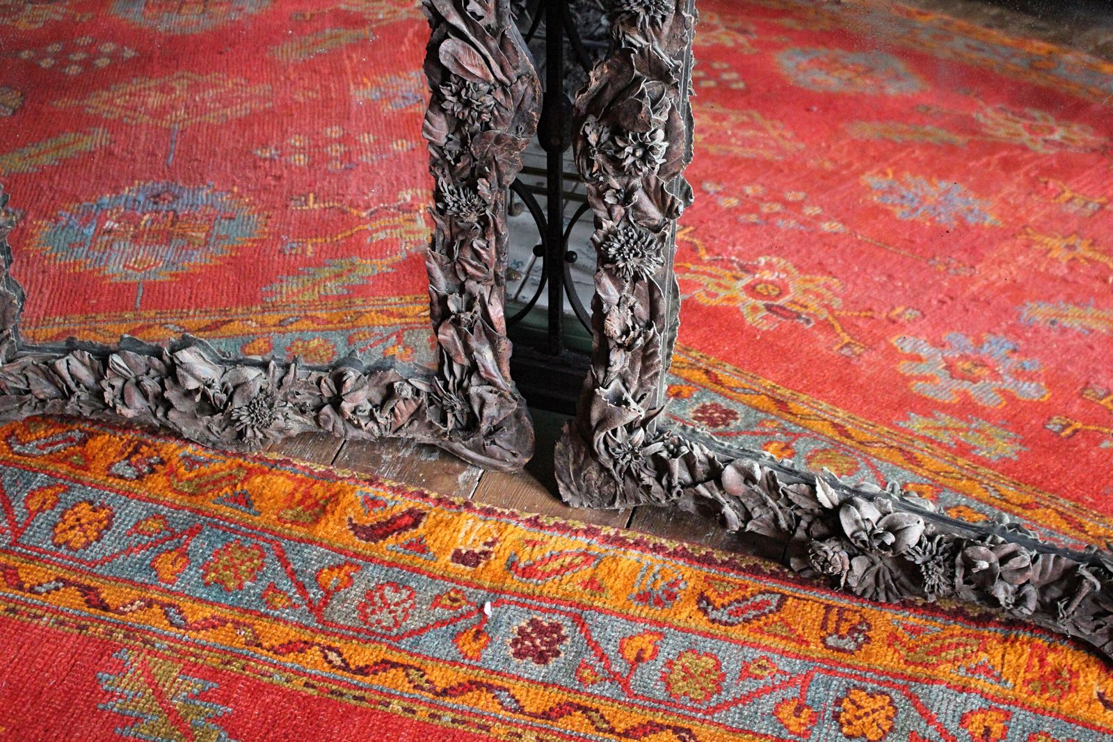 19th Century Pair Of French Chateau Leather Appliqué Floral Mercury Wall Mirrors photo buy