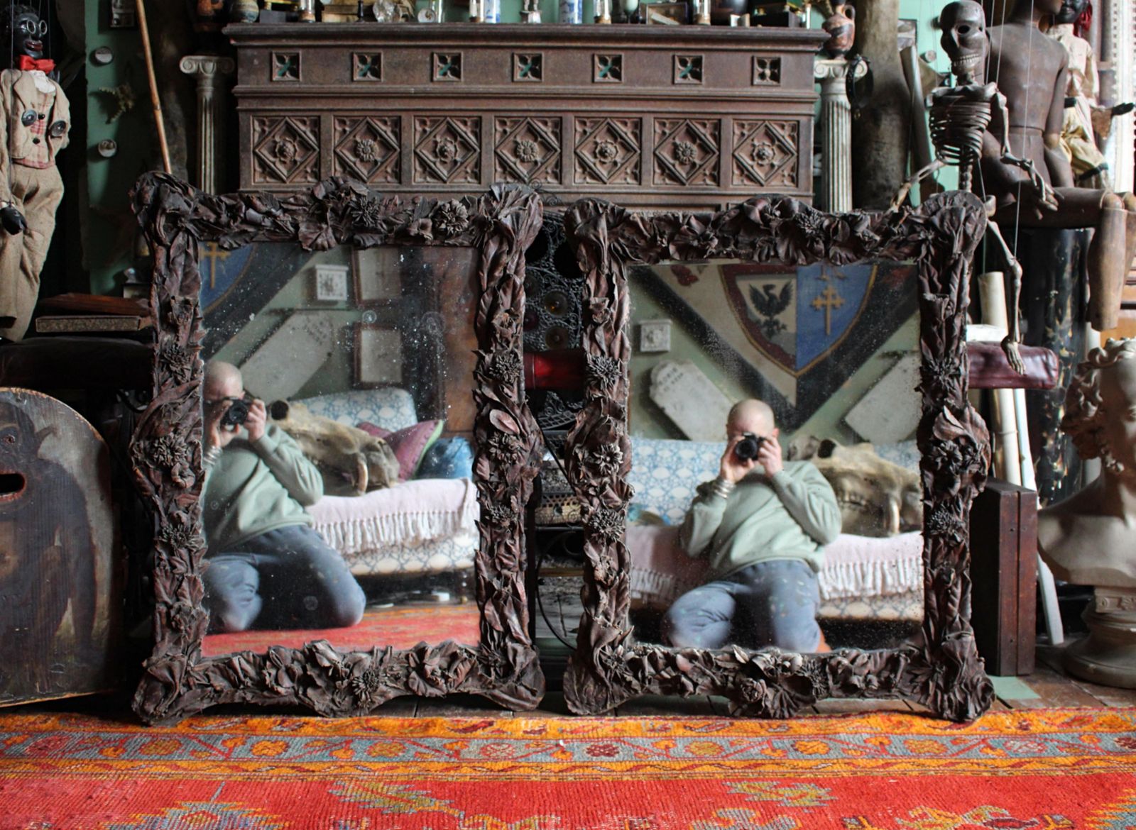 19th Century Pair Of French Chateau Leather Appliqué Floral Mercury Wall Mirrors photo vintage