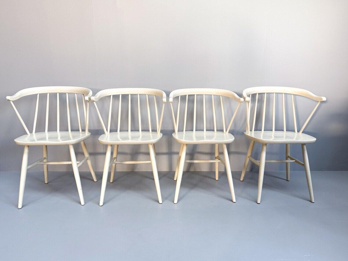 Vintage Set Of 4 White Lacquered Spindle Chairs By Nesto Sweden 1960s
