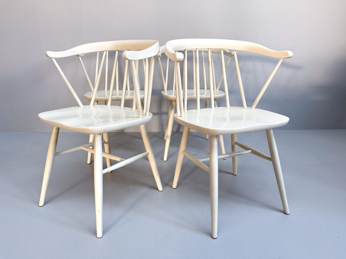 Vintage Set Of 4 White Lacquered Spindle Chairs By Nesto Sweden 1960s photo furniture