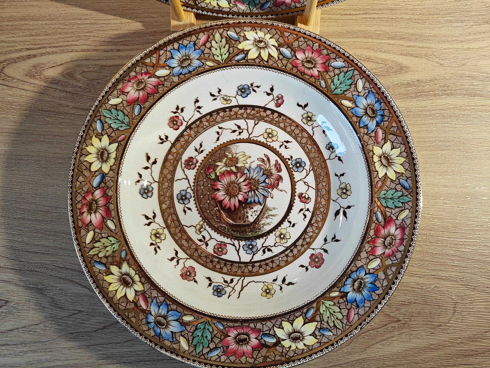 Victorian Rainbow Sunflower Palmyra Pattern Soup Bowls   19th Century Floral Gilt Plates   Sampson Hancock