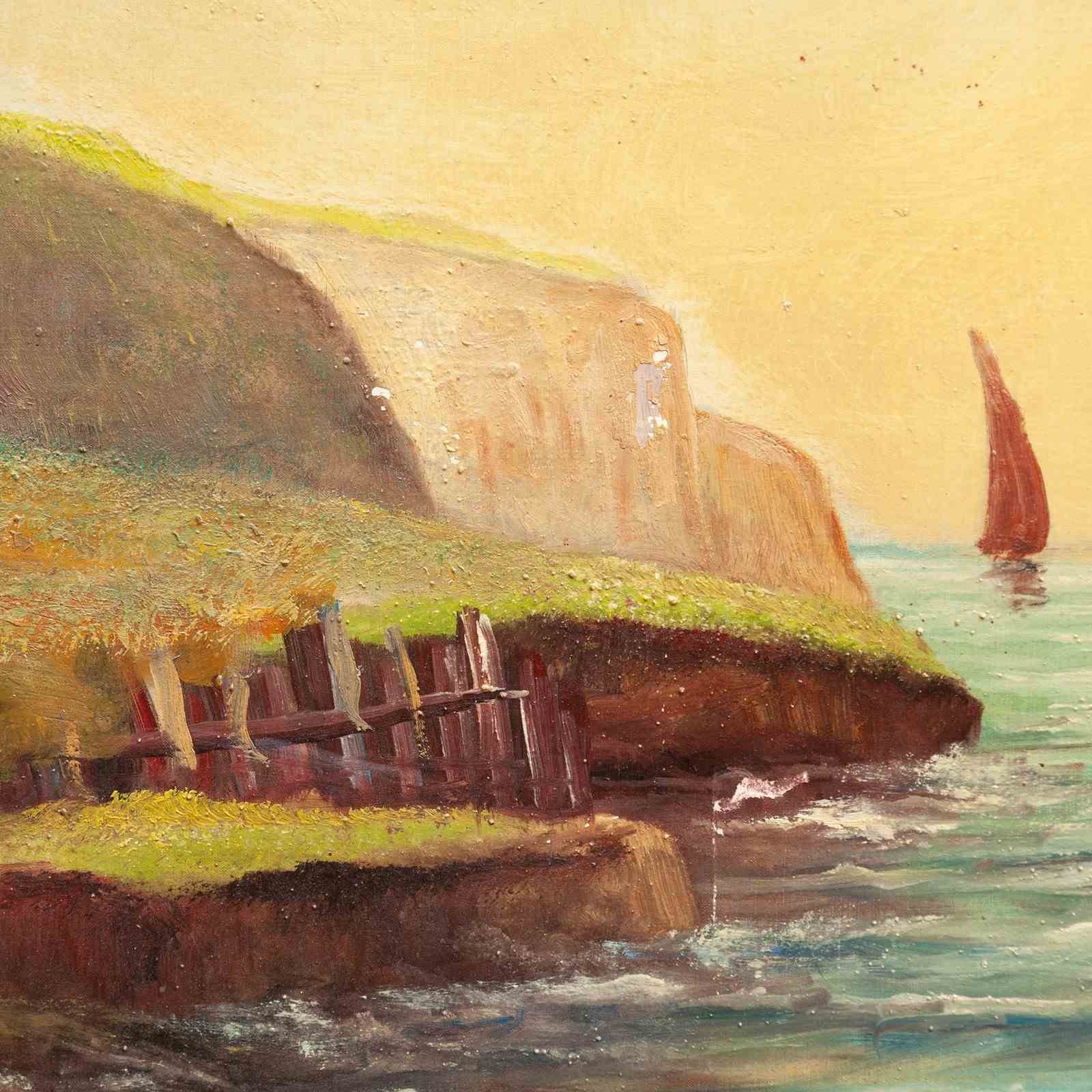 Signed Panoramic Oil Painting Of Sailng Ships Off The Brittany Coast photo 425.0