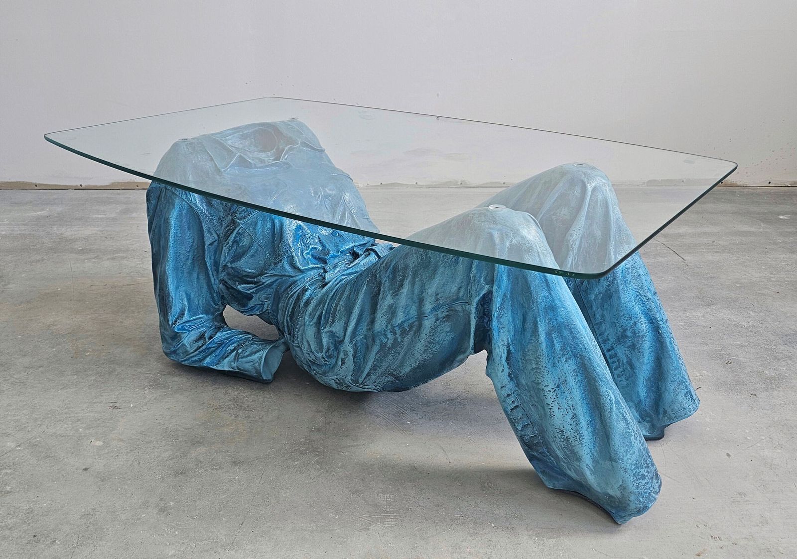 Jeanne Pierre Picheny Inspired Pop Art Blue Jeans Coffee Table, Done In Resin With The Glass Top // Made In France In 1980s photo vinterior