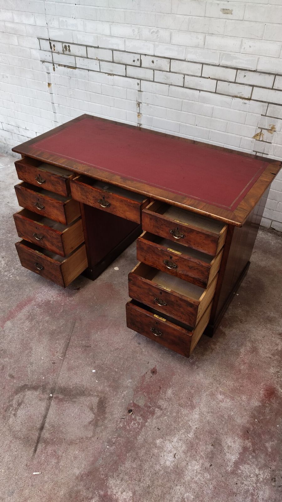 Antique Victorian Burr Walnut Leather Top Work Office Pedestal Desk photo furniture