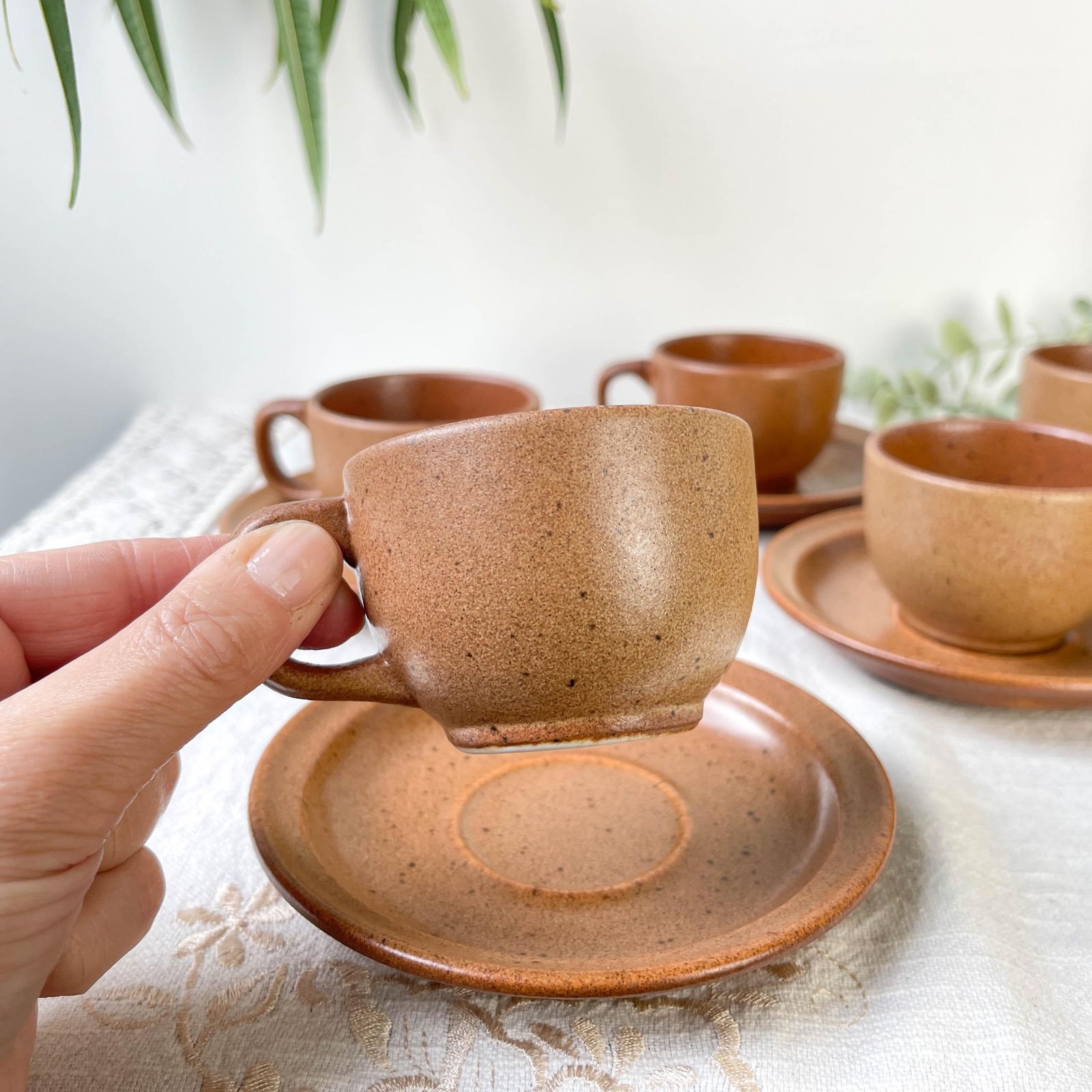 Vintage Speckled Stoneware Coffee Set Sarreguemines France 1950s   Vintage Stoneware Coffee Cups   Vintage Stoneware Teapot photo 93.0