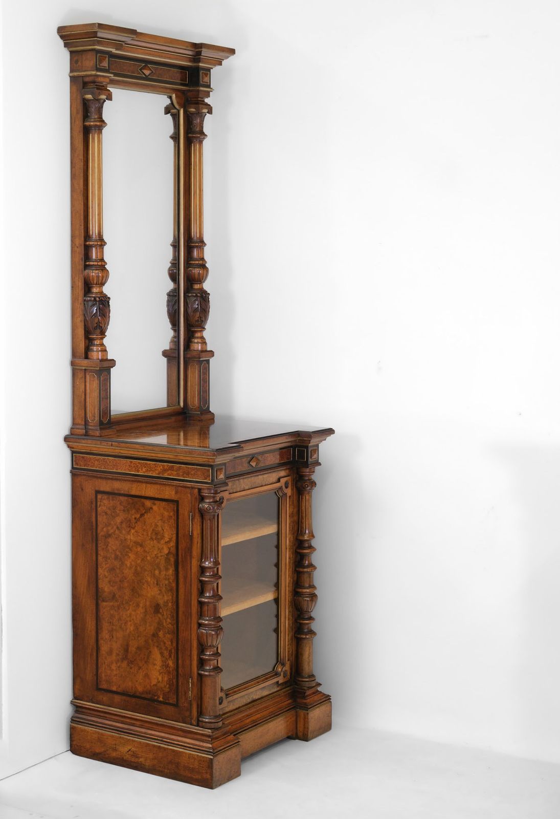 Pair Of Gillows Burr Walnut, Amboyna & Parcel Gilt Cabinets With Mirrors photo vintage
