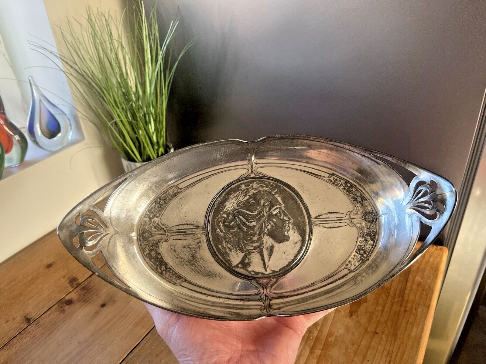 Antique Art Nouveau Jugendstil Maiden Lady Pewter / Silver Metal Card Tray Wmf photo furniture