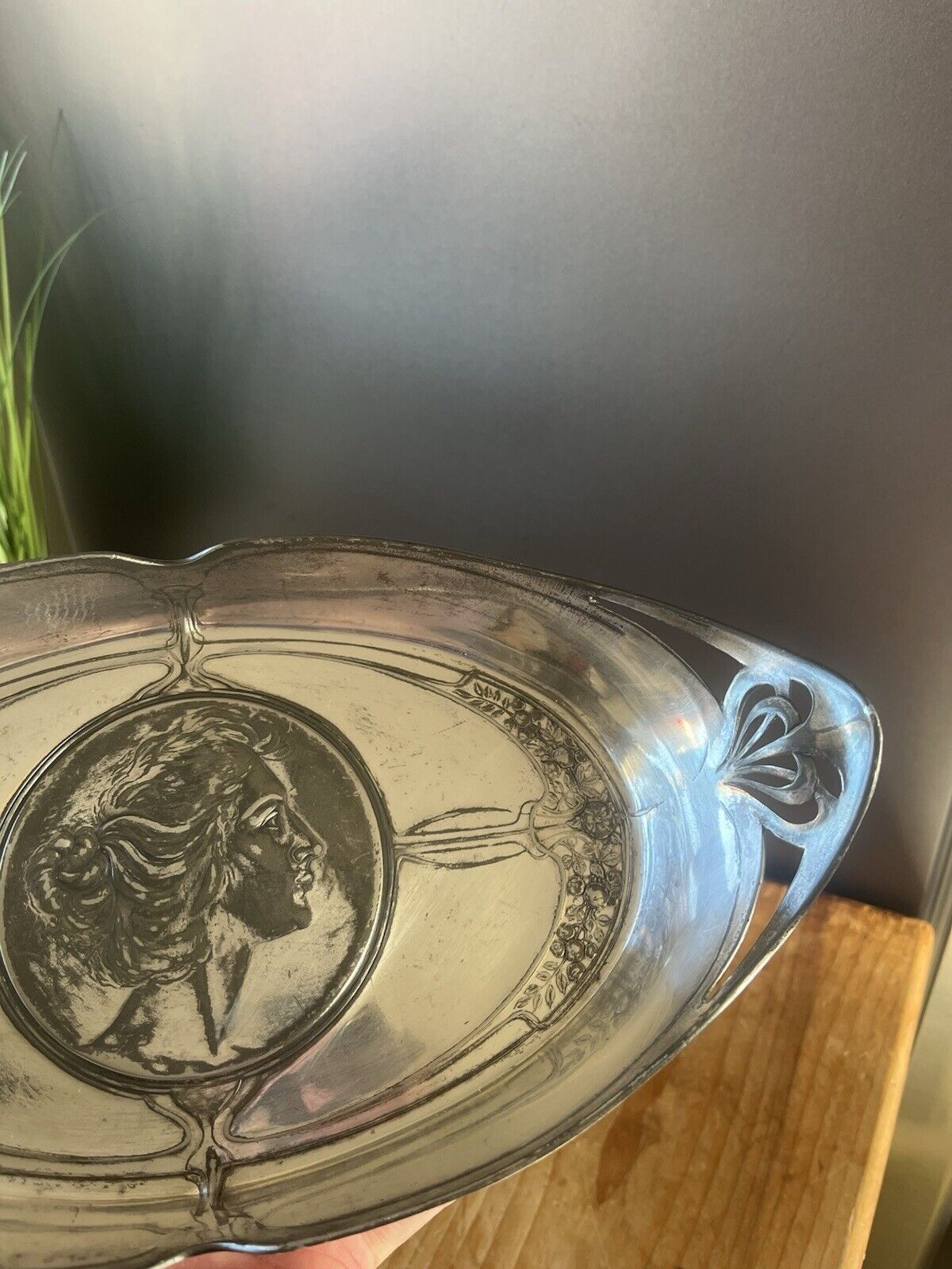 Antique Art Nouveau Jugendstil Maiden Lady Pewter / Silver Metal Card Tray Wmf photo for sale