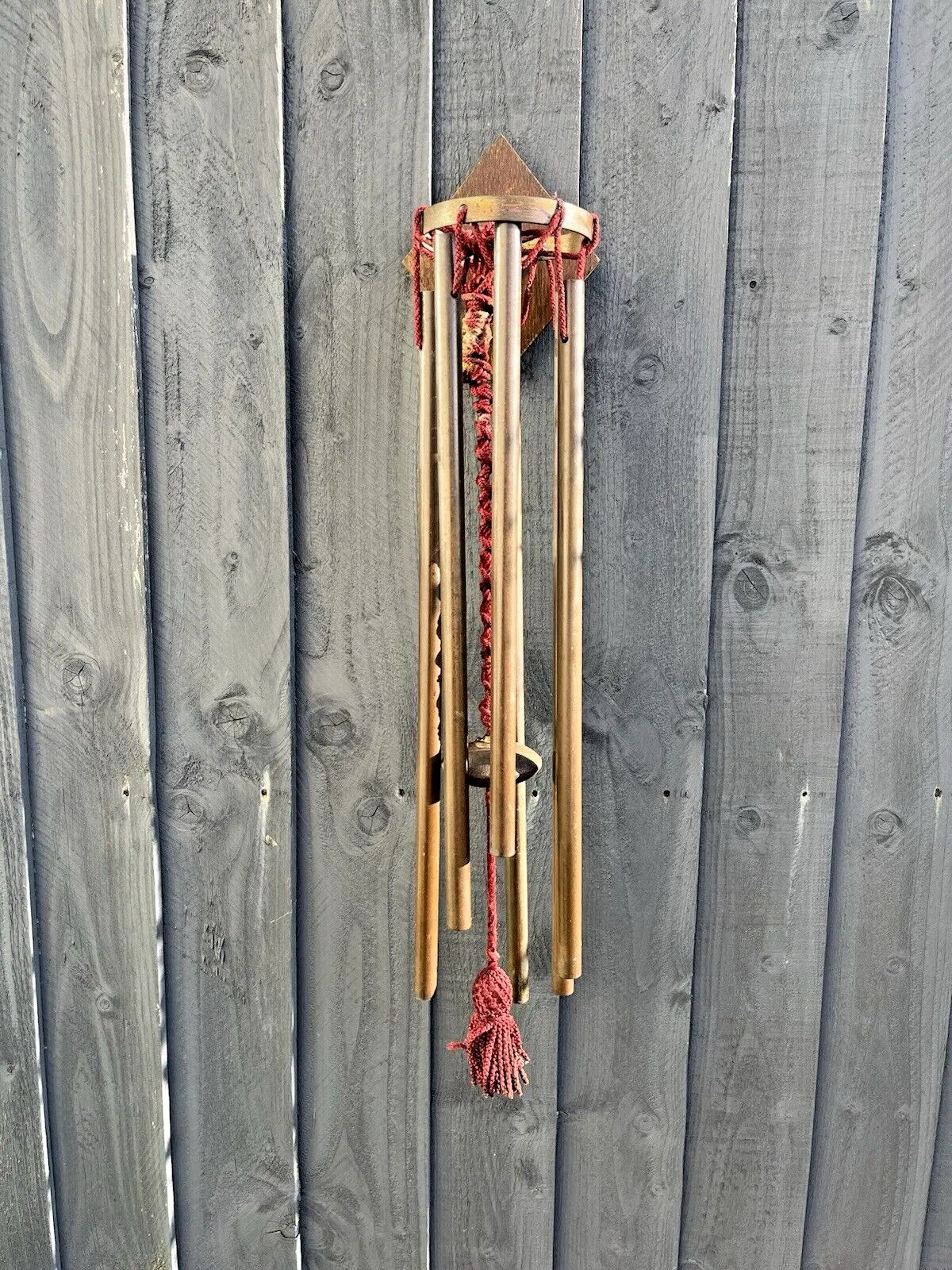 Antique 1920's Wooden Oak Copper Pipe Wind Chime Bell Ringer Alpine Rustic Farm photo for sale